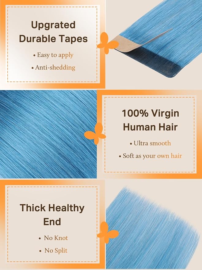 DOORES Human Hair Extensions - Turquoise Tape in, Straight, 30g 10pcs 22 Inch