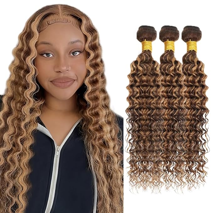 22 24 26 inch WuvuSnm P427 Human Hair Bundles Highlight Deep Wave Bundles Dark Brown Human Hair Bundle 150g