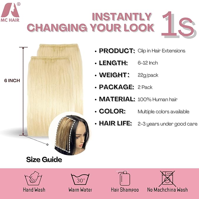 2 Pcs Short Hair Extensions, Human Hair Clip in Extensions for Women 12 Inch Platinum Blonde