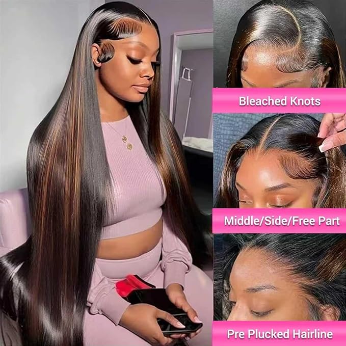 AMIRTY Ombre Straight Lace Front Wig Human Hair Pre Plucked Pre Cut Glueless Wigs Human Hair Bleached Knots Highlight 9x6 HD Lace Front Wigs Human Hair 20Inch
