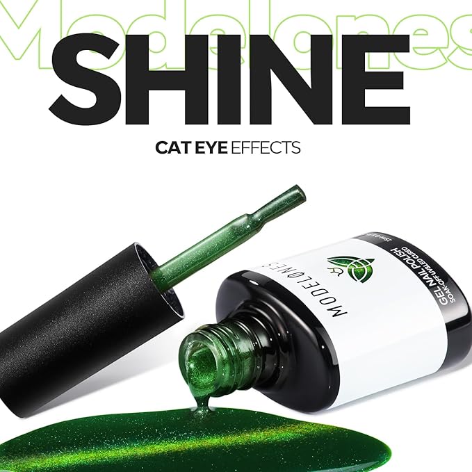 modelones Cat Eye Gel Nail Polish Green Gel Polish Jelly Glass with Magnet Holographic Glitter Shimmer Translucent Sheer Color Magnetic Christmas Nail Polish Top Coat Salon DIY at Home 15 ML