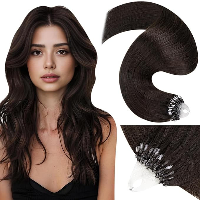 LaaVoo Micro Loop Hair Extensions Real Human Hair Dark Brown Micro Bead Hair Extensions Real Human Hair Brown 14 Inch 1g/Strand 50g