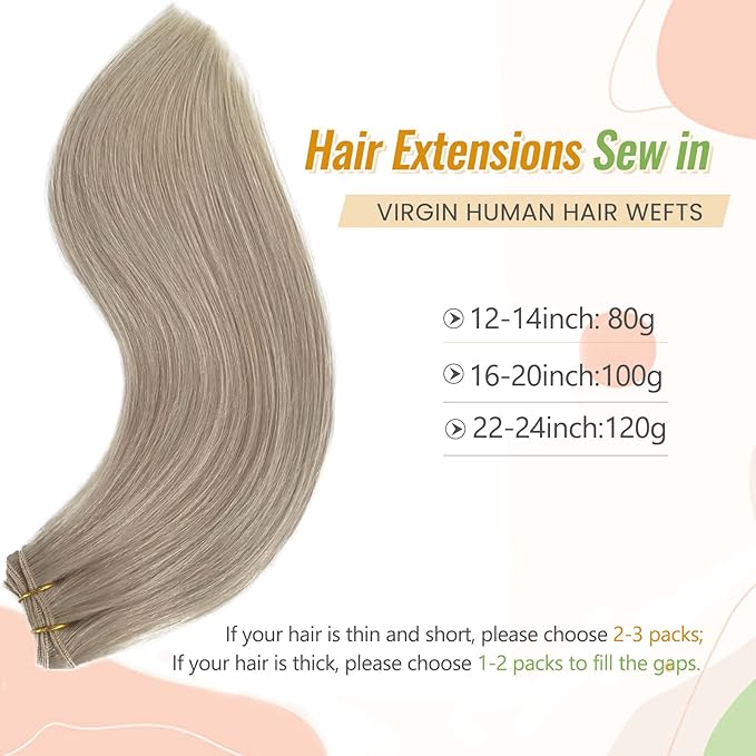 Icy White Hair Extensions Sew in Real Human Hair Wefts, 14 Inch 80G, Double Weft Ice White Blonde Weft Hair Extensions Human Hair Thick Ends Straight Blonde Sew in Bundles for Women