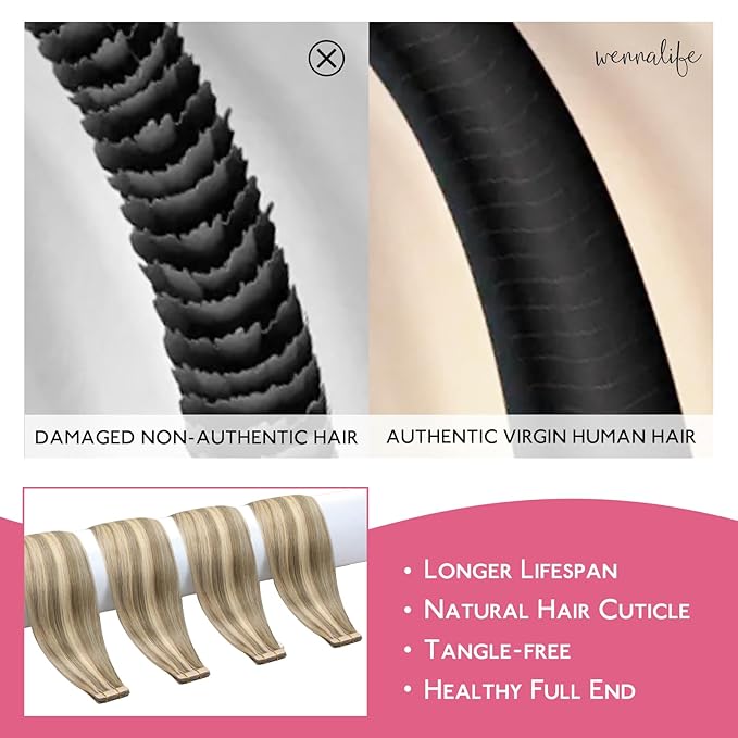 WENNALIFE Tape in Hair Extensions Human Hair Ash Brown with Platinum Blonde Highlights Tape in Extensions, 10pcs 20g 10 inch Remy Invisible Tape Ins Colored Soft Refill Set