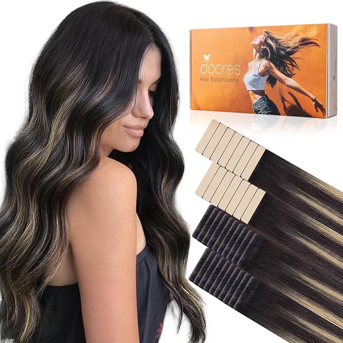 DOORES Invisi Edge Tape in Hair Extensions, Natural Black to Light Blonde 20 Injection Tape-ins with 20 Classic Tape-ins 100g 16 Inch, Injected Tape in Extensions Virgin Hair