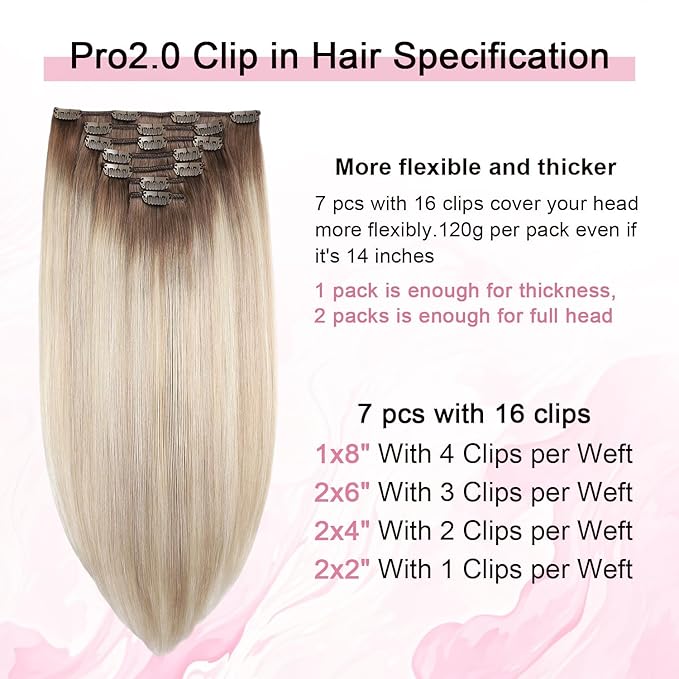 Pro2.0 Clip in Hair Extensions Real Human Hair 120g Thick 7pcs #8/60/18 Ash Brown to Ash Blonde Mix Platinum Remy Real Human Hair Extensions Clip ins 14inch Double Weft（#8/60/18-14inch）
