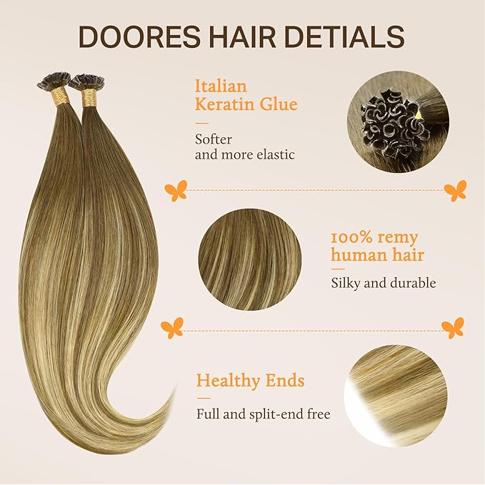 Doores Keratin Tip Extensions, Medium Brown Highlighted Dirty Blonde 24 Inch 50g/50s, Remy Hair Extensions, U Tip Hair Extensions Human Hair