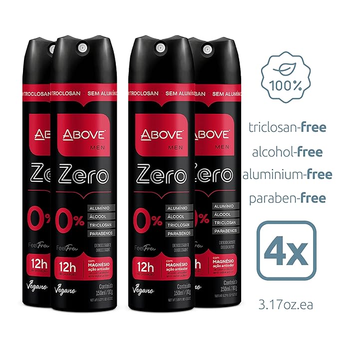 ABOVE 12 Hours Deodorant Set - Dry Spray for Men - Sensual and Floriental Fragrance - Protects Against Sweat and Body Odor - Offers Instant Freshness - Stain Free Application - Feel Free Zero - 4 pc
