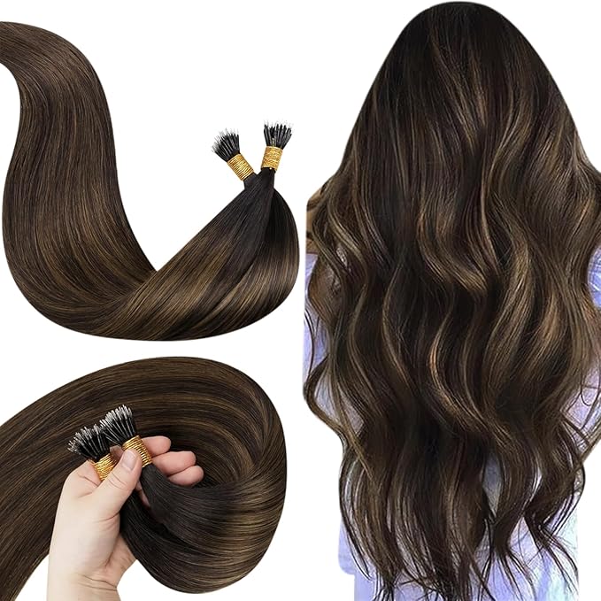 LaaVoo Nano Bead Hair Extensions Dark Brown Mixed Medium Brown BalayageNano Ring Hair Extensions Human Hair 20in 50g 50s