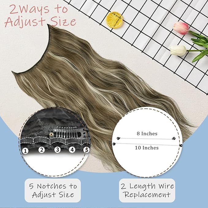 Ash Medium Brown Highlights Invisible Wire Hair Extensions Long Wavy Synthetic Hairpiece with 4 Secure Clips for Women 20 Inch Clip in Hair Extensions