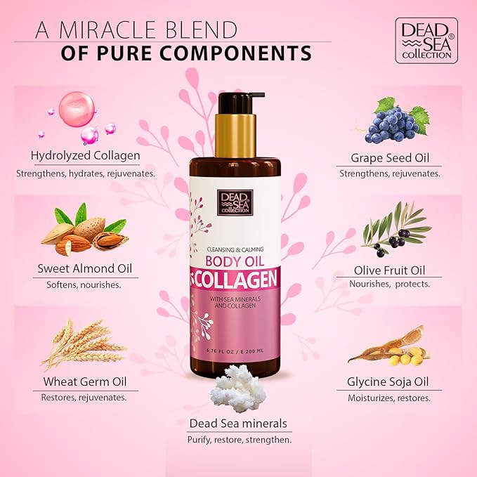Dead Sea Collection Collagen Body Oil for Dry Skin – Moisturizing & Hydrating Skin Oil with Vitamin E and Blend of Almond, Grape, Olive, Wheat Germ Oil – Soothing & Nourishing Skin Care – 6.76 oz