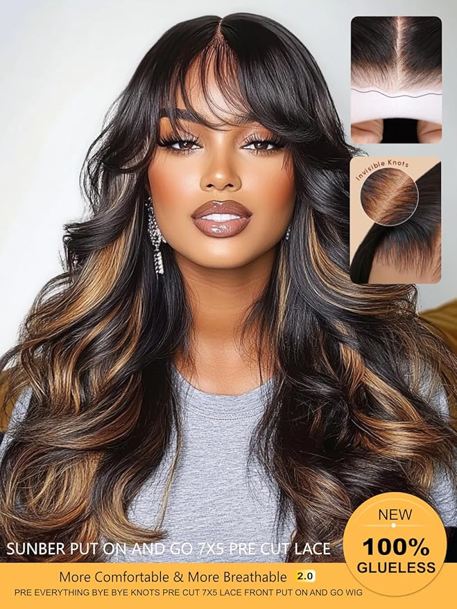 Sunber Ombre Brown Highlight Balayage Loose Body Wave With Bangs Glueless Wigs Pre cut 7x5 HD Lace Front Bye Bye Knots Drawstring Wig 22Inch Put On Go Pre Plucked Bleached Invisible Knots 180% Density