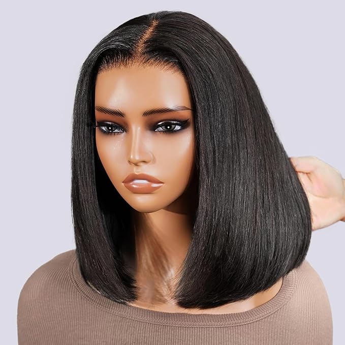 12inch 5x6 Bob Wig Human Hair 12A Pre Cut-Wear and Go Glueless Wig Human Hair C-Part 210% Density Real Bleached Knots Straight Hair Bob Wigs