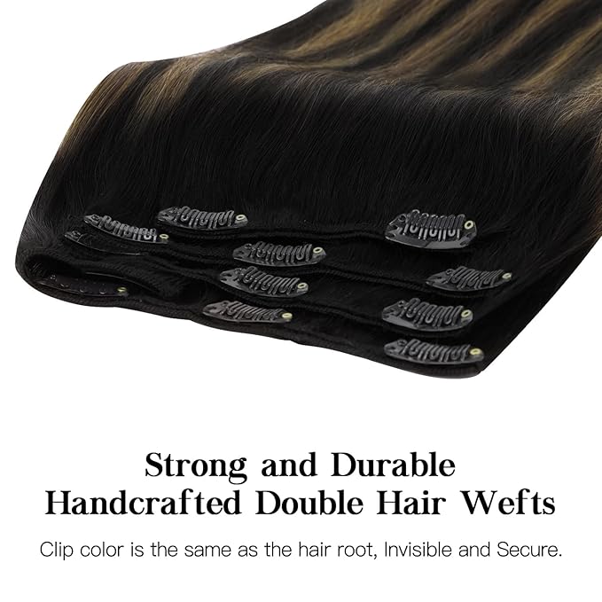 HOTBANANA Human Hair Clip in Hair Extensions, Balayage Natural Black to Chestnut Brown 120g Clip in Hair Extensions Real Human Hair Straight Remy Hair Clip Ins Dark Roots Ombre 14 Inch 7pcs