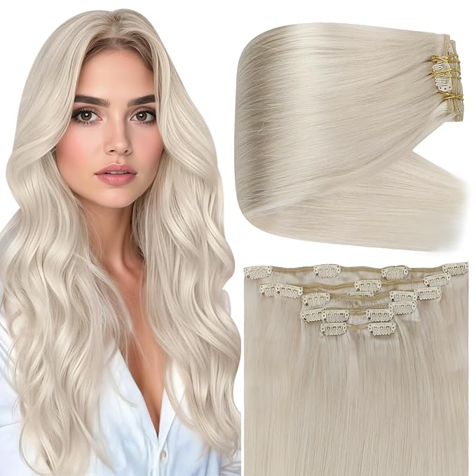 Full Shine Clip on Hair Extensions for Women Blonde 22 Inch 150 G Remy Blonde Human Hair Clip in Extensions 7 Pcs