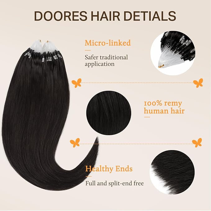 DOORES Microlink Hair Extensions Human Hair, Natural Black 20 Inch 50g/50s