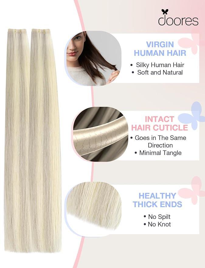 DOORES Invisi Edge Tape in Hair Extensions Real Human Hair, Ash Blonde Highlighted Platinum Blonde 10 Injection Tape-ins with 10 Injection Tape-ins 50g 22 Inch, Injected Tape in