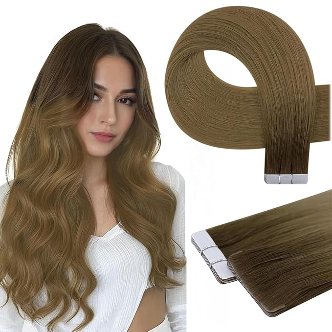 Full Shine Invisible Injection Tape in Hair Extensions Human Hair Color R3 Dark Brown to 8 Light Brown Intact Aligned Cuticles Seamless Tape in Extensions 12.5Grams 5Pcs 20Inch for Transitioning Hair