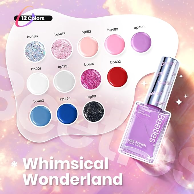 Beetles Nail Polish Set - Quick Dry Nail Polish Kit 12 Colors Pink Glitter Green Blue Yellow Red Regular Air Dry Fingernail Polish Pack for Women Christmas Gift Beetles Colorful Canvas 12 Colors