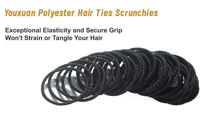Youxuan No Damage Soft Polyester Hair Ties, No Tug Scrunchies Hair Bands with Strong Elasticity - Black, 50 Pieces