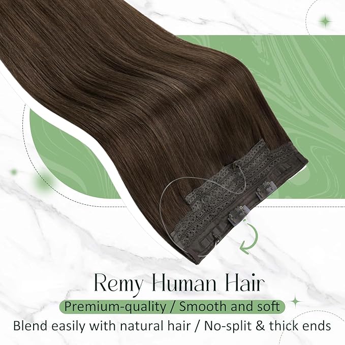 RUNATURE Invisible Wire Hair Extnsions Real Human Hair 16 Inch Brown Hair Extensions One Piece Clip in Secret Wire Hair Extensions Dark Brown Fish Line Extensions Full Head 80g
