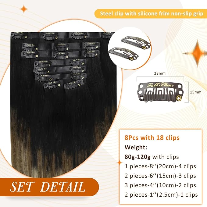 Full Shine Clip in Hair Extensions Black Hair Extensions Ombre Hair Extensions Clip Ins，16 Inch Natural Black To Medium Brown And Honey Blonde Invisile Hair Extensions With Pu Skin Weft 8pcs 120g