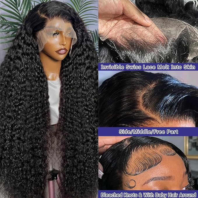 Oxcart Deep Wave Lace Front Wigs Human Hair 32 Inch 200 Density 13x6 HD Lace Frontal Wigs Pre Plucked Glueless Brazilian Virgin Human Wig with Baby Hair Deep Wave Wigs for Women Natural Black