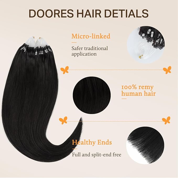 DOORES Micro Link Hair Extensions Human Hair, Jet Black 14 Inch 50g/50s, Short Real Hair Extensions for Women, Straight Micro Bead Hair Extensions Real Human Hair