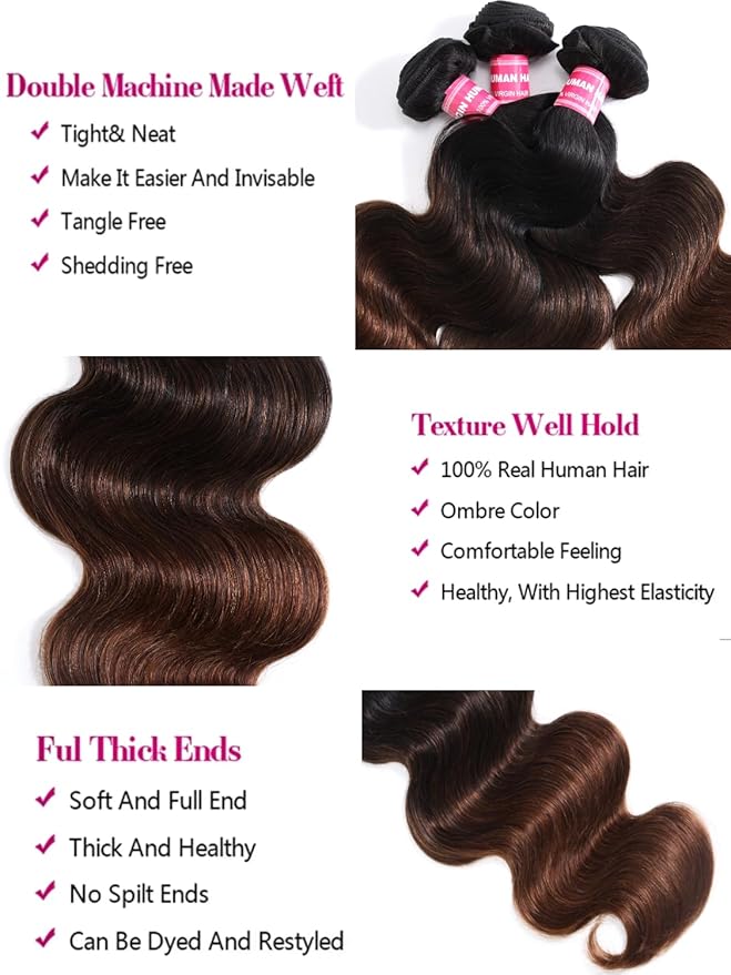 UNICE Chestnut Brown Ombre Body Wave Human Hair Weave 3 Bundles 12 14 14 inch Brazilian Remy Human Hair Wavy Sew in Human Hair Extensions