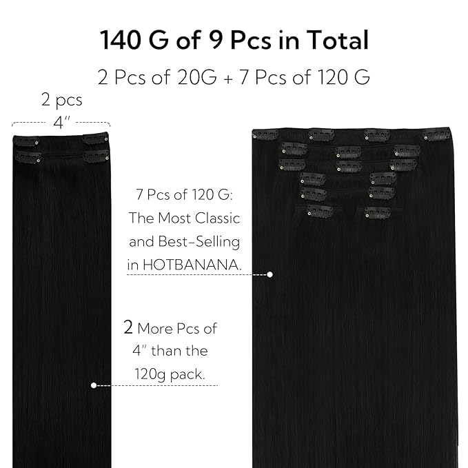 HOTBANANA Clip in Hair Extensions Real Human Hair, 150g 9pcs 24 inch Jet Black Straight Remy Clip in Extensions Full Head for Women