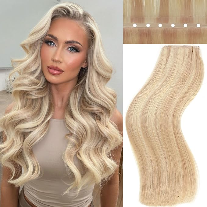 Twin Tab Butterfly Genius Weft Human Hair Extensions Simulated Scalp Latest Double Invisible Real 100% Remy Human Hair Weft with Micro Bead 100g 7ps 18 Inch Strawberry Highlight Blonde