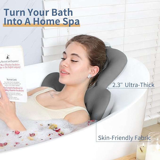 Bath Cushion, Full Body Bathtub Pillow with 160 Suction Cups, Bath Mat for Head and Neck Support, with Laundry Bag (Dark Gray, 60.2" x 16.2")
