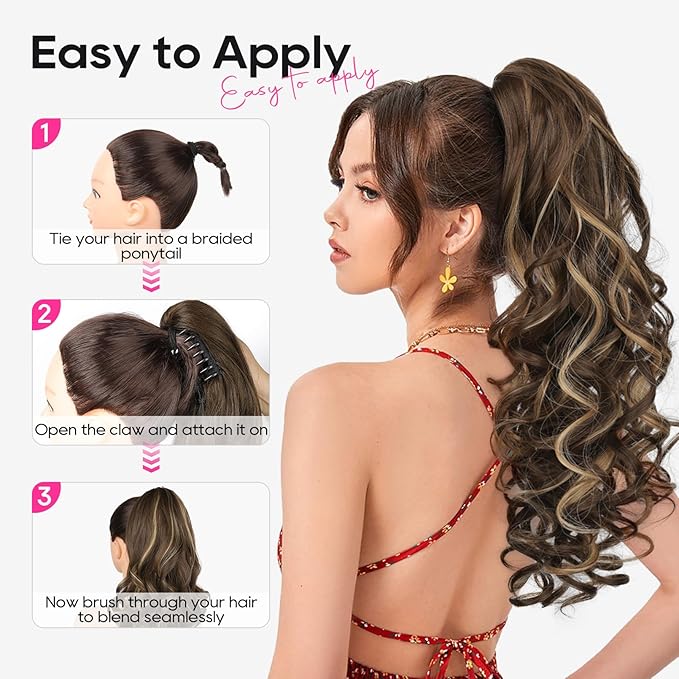 REECHO Ponytail Extension, 24" Claw Clip in Ponytail Extensions Long Curly Wavy Jaw Clip on Pony Tails Hairpiece for Women, Honey Blonde with Highlights