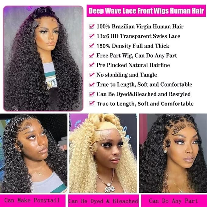 13x6 Deep Wave Lace Front Wigs Human Hair 180 Density Pre Plucked HD Transparent Deep Curly Lace Frontal Human Hair Wig 22 Inch Natural Black Glueless Wigs with Baby Hair for Women