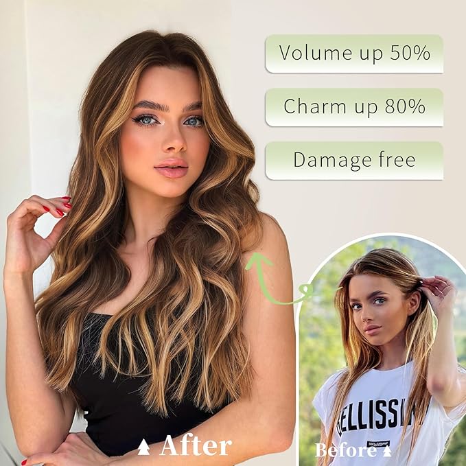 KooKaStyle Invisible Wire Hair Extensions with Transparent Headband Adjustable Size 4 Secure Clips Long Wavy Secret Wire Hairpiece 20 Inch Medium Brown to Caramel Blonde for Women
