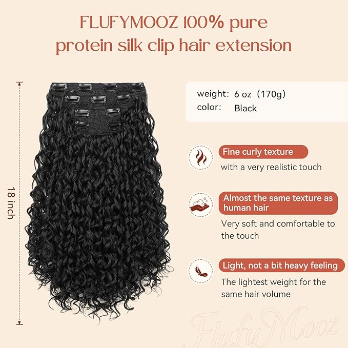 FLUFYMOOZ Clip in Hair Extensions, 18'' 4PC 100％ Pure Protein Silk Curly Hair extension for Women Lace Weft Hairpiece Natural Soft and comfortable for Daily Use-Black