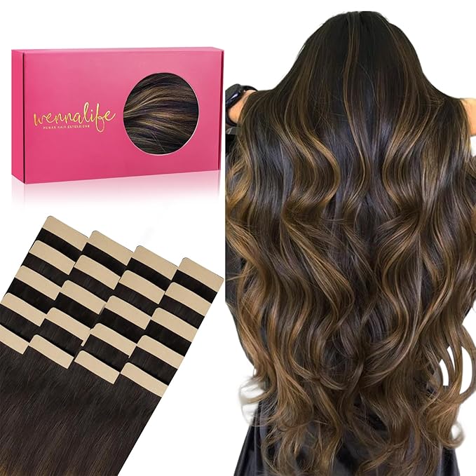 WENNALIFE Tape in Hair Extensions Human Hair, 20pcs 14 inch 50g Balayage Dark Brown Mixed Chestnut Brown Remy Tape Hair Extensions Real Human Hair Tape Extensions Coloured Hair Extensions