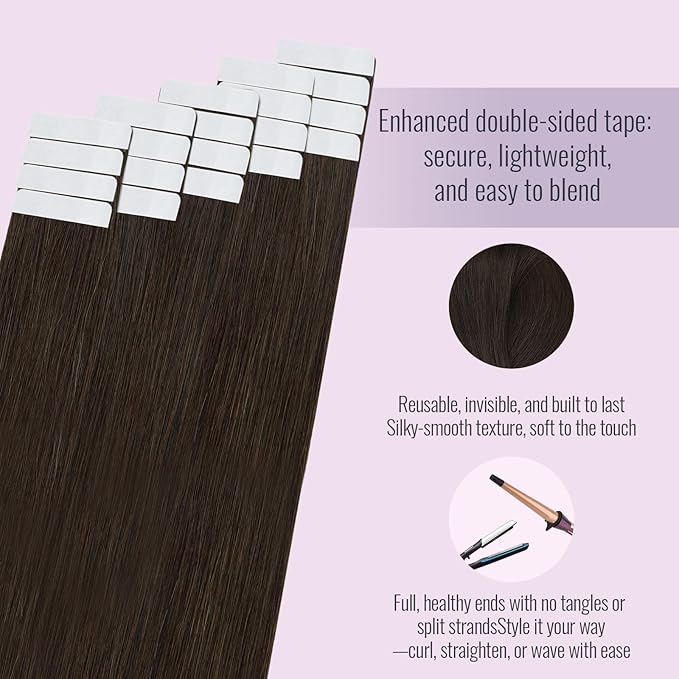 Fshine Tape in Extensions Human Hair 16 Inch Darkest Brown Straight Natural Remy 50g 20pcs Seamless Look for Women Brown Hairstyles