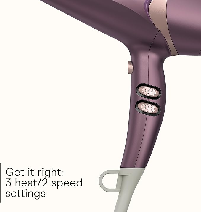 Infiniti PRO CONAIR Style & Shine Hair Dryer with Diffuser and Concentrator, 1875W Style & Shine Blow Dryer with Tourmaline and Ionic Conditioning to Fight Frizz, 3 Heat & 2 Speed Settings, Purple