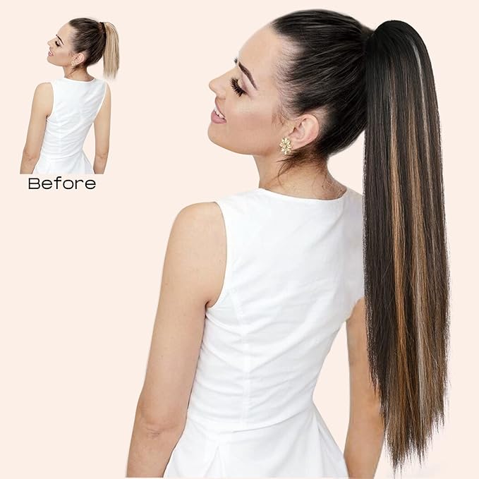 SEIKEA Ponytail Extensions Drawstring Long Straight Fake Pony Tail Natural Soft Clip in Hair Extension Synthetic Heat Resistant Hairpiece 28 Inch Ombre Black Roots Black Caramel Blonde Highlights