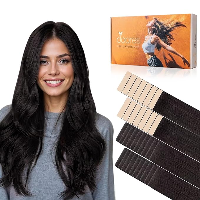 DOORES Invisi Edge Human Hair Tape in Extensions, Natural Black 20 Injection Tape-ins with 20 Classic Tape-ins 100g 18 Inch, Injection Tape in Extensions Virgin Human Hair