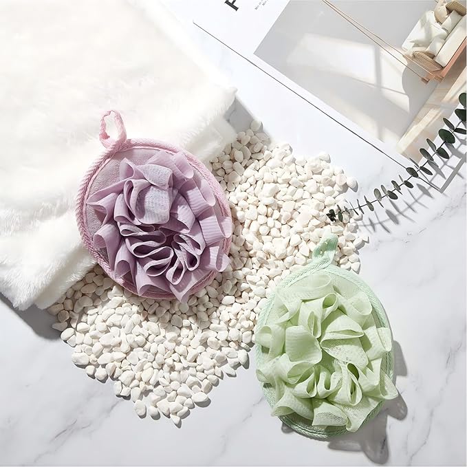 Boao 3 Pcs Bath Shower Pouf Sponge Mesh Pouf Shower Ball Exfoliating Body Sponge Pad Scrubber Glove with Flower Bath Ball (Beige,Green,Purple)