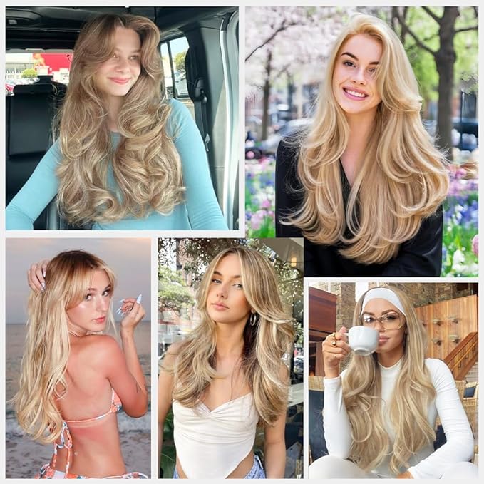 ALXNAN Long Wavy Hair Extensions for Women, Clip in Hair Extensions Clip Ins Soft Full Head Synthetic Hairpieces 20 Inch Light Brown mix Golden Blonde
