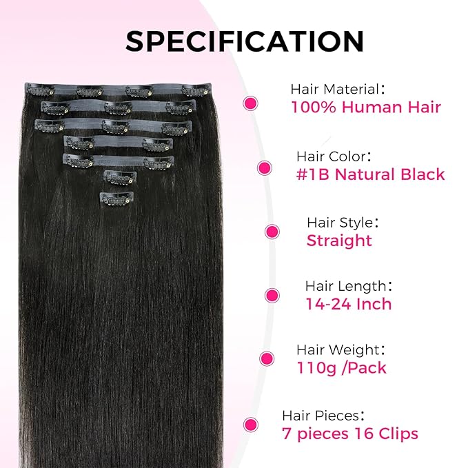 Lashey Invisi Edge Clip in Hair Extensions, 7pcs 110g 20 Inch Natural Black Seamless Clip in Hair Extensions Human Hair Silky Straight Real Remy Human Hair