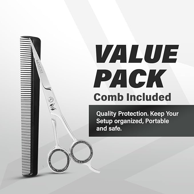 MUSI Hair Scissors 6.5" – 420 Japanese Stainless Steel Standard Hair Cutting Scissors – Premium Barber Shears for Professional Haircut – Silver Sharp Shears with Hair and Beard Comb