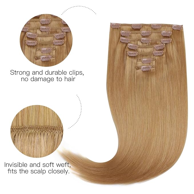 HOTBANANA Human Hair Clip in Hair Extensions, Honey Blonde 120g Clip in Hair Extensions Real Human Hair Straight Remy Hair Clip Ins 14 Inch 7pcs
