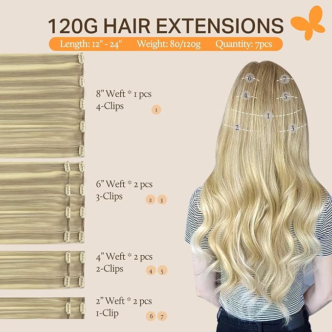DOORES Clip in Human Hair Extensions Balayage Light Blonde Highlighted Golden Blonde 7pcs 120g Real Hair Extensions Clip in Natural Hair Extensions Straight Thick 20 Inch
