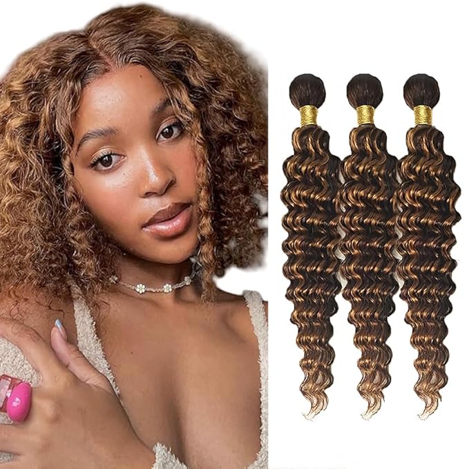 P430 Human Hair Bundles Highlight Deep Wave Bundles Ombre Brown Bundle 12 14 16 inch #4 and #30 Deep Wave Bundle 150g