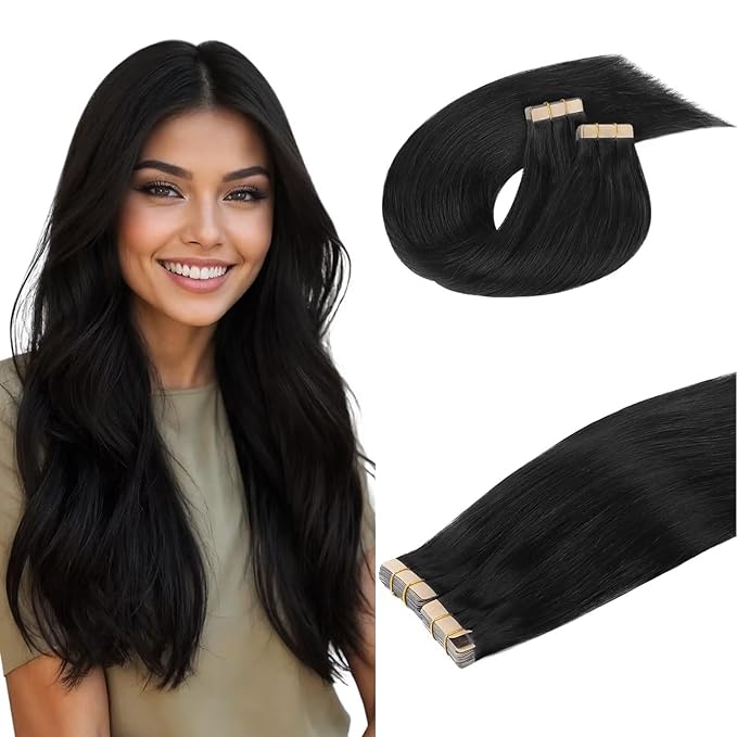 DOORES Human Hair Extensions Tape in, Jet Black 26 Inch 120g 40pcs, Tape in Extensions Human Hair Straight Skin Weft Natural Hair Extensions Remy Hair Long Hair