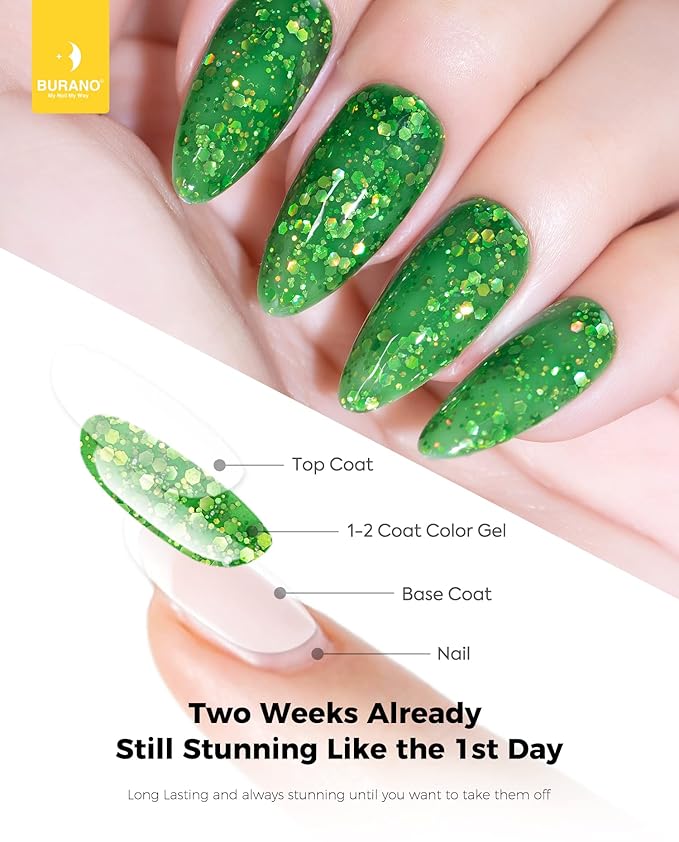 BURANO Glitter Gel Nail Polish, LED UV Nail Gel Shimmer Holographic Effect Soak off DIY Nail Salon (Green LP8)